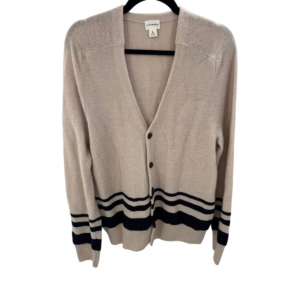 Club Monaco Womens Wool Alpaca Striped V-Neck Cardigan Sweater Beige Navy L